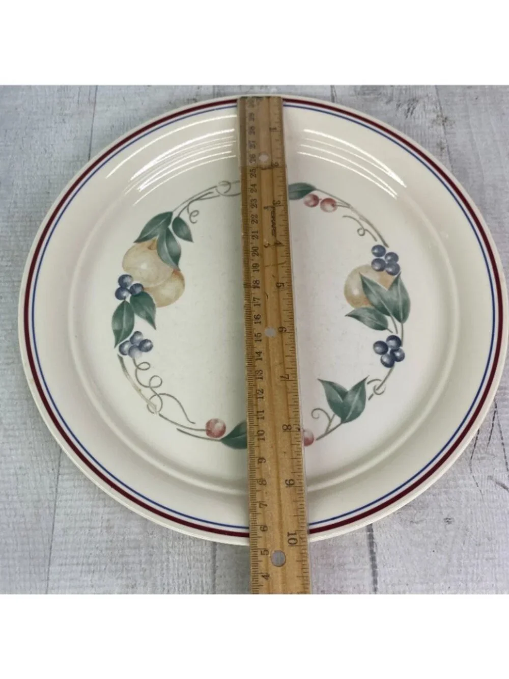Corelle ABUNDANCE Cornerstone Beige Fruits Blue Maroon Bands Dinner Plates Set 6